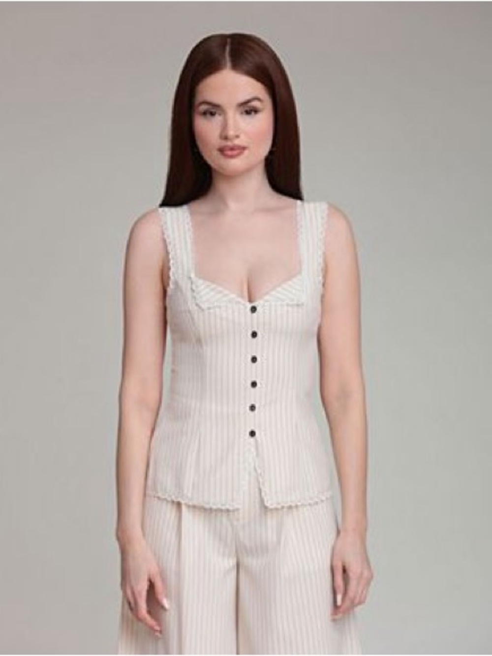 NWT Avec Les Filles Cream Lace-Trim Button Front Black striped Tank size medium